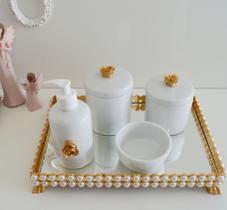 Kit Higiene Bebê K056 Porcelana Bandeja Pérola Dourado Banho Cuidado Quarto