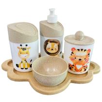 Kit Higiene Bebê Leão, girafa e tigre c/bandeja nuvem crua