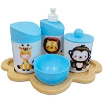 Kit Higiene Bebê Leão, macaco e girafa c/bandeja nuvem crua