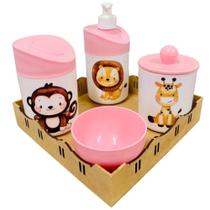 Kit Higiene Bebê Leão, macaco e girafa c/bandeja quadrada crua