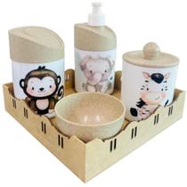 Kit Higiene Bebê Macaco, zebra e elefante c/bandeja quadrada crua