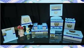 Kit Higiene bebê Mdf 10 peças - AZUL BB CHEVRON CINZA DE COROA