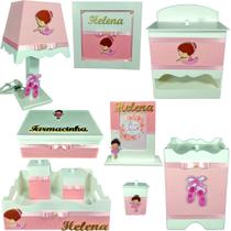 Kit Higiene bebê Mdf 10 peças - BAILARINA ROSA BB BOLINHAS