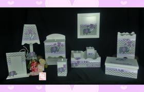 Kit Higiene bebê Mdf 10 peças - CHEVRON CINZA ELEFANTE LILAS