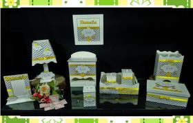 Kit Higiene bebê Mdf 10 peças - CHUVA DE AMOR CHEVRON CINZA COM AMARELO