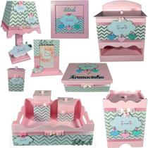 Kit Higiene bebê Mdf 10 peças - CHUVA DE AMOR ROSA BB CHEVRON CINZA