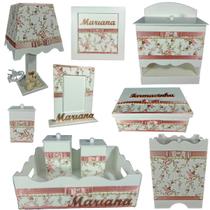 Kit Higiene bebê Mdf 10 peças menina - ROSÊ BRANCO FLORIDO E PÉROLAS Kit Higiene bebê Mdf 10 peças menina - ROSÊ BRANCO FLORIDO E PÉROLAS