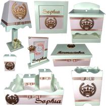Kit Higiene bebê Mdf 10 peças menina - ROSÊ DE COROA Kit Higiene bebê Mdf 10 peças menina - ROSÊ DE COROA