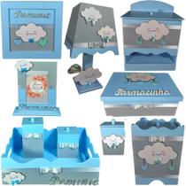 Kit Higiene bebê Mdf 10 peças menino - CHUVA DE AMOR AZUL BB COM CINZA