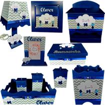 Kit Higiene bebê Mdf 10 peças menino - CHUVA DE AMOR AZUL MARINHO COM CHEVRON CINZA