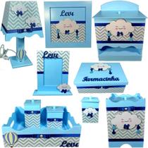 Kit Higiene bebê Mdf 10 peças menino - CHUVA DE AMOR NO AZUL BB CHEVRON CINZA