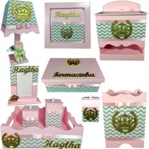 Kit Higiene bebê Mdf 10 peças - ROSA BB CHEVRON CINZA DE COROA