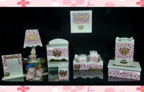 Kit Higiene bebê Mdf 10 peças - ROSA FLORIDO DE COROA