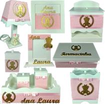 Kit Higiene bebê Mdf 10 peças - ROSA XADREX DE URSINHA