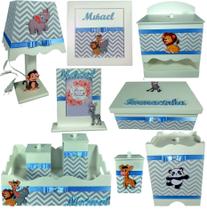 Kit Higiene bebê Mdf 10 peças - SAFARI CHEVRON CINZA AZUL