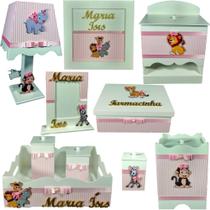 Kit Higiene bebê Mdf 10 peças - SAFARI MENINA ROSA LISTRADO