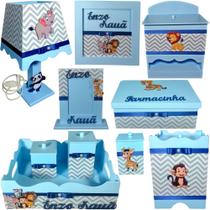 Kit Higiene bebê Mdf 10pçs + nomes SAFARI AZUL BB CHEVRON CINZA