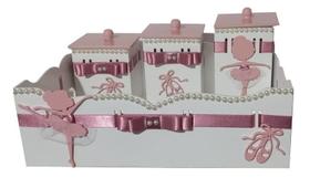 Kit Higiene Bebê MDF 4 Peças Cesta Organizadora Bailarina Rosê