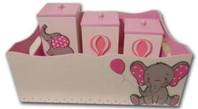 Kit Higiene Bebê MDF 4 Peças Cesta Organizadora Elefante Balão Rosa