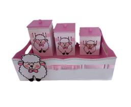 Kit Higiene Bebê MDF 4 Peças Cesta Organizadora Ovelhinha Kit Higiene Bebê MDF 4 Peças Cesta Organizadora Ovelhinha