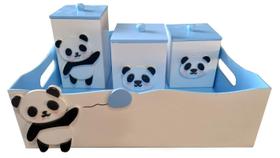 Kit Higiene Bebê MDF 4 Peças Cesta Organizadora Panda Azul