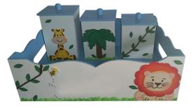 Kit Higiene Bebê MDF 4 Peças Cesta Organizadora Safári Bichinhos da Floresta Azul - Canaã Artbaby