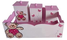 Kit Higiene Bebê MDF 4 Peças Cesta Organizadora Ursinha Rosa
