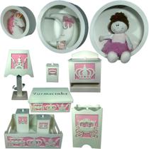 Kit Higiene bebê mdf 8 pçs + 3 Nichos BRANCO - PRINCESA (Pronta Entrega)