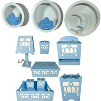 Kit Higiene bebê mdf 8 pçs + 3 Nichos brancos - Coroa Azul (Pronta Entrega) - Flores para Mariae Decor