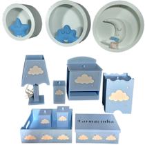 Kit Higiene bebê mdf 8 pçs + 3 Nichos brancos NUVEM AZUL (Pronta Entrega)