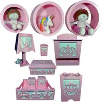 Kit Higiene bebê mdf 8 pçs + 3 Nichos ROSA - PRINCESA ROSA (Pronta Entrega)