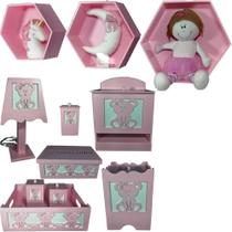 Kit Higiene bebê mdf 8 pçs + 3 Nichos Rosa - URSINHA ROSA (Pronta Entrega)