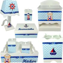 Kit Higiene bebê Mdf 8 pçs menino - URSO MARINHEIRO CHEVRON AZUL BB