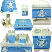 Kit Higiene bebê Mdf 8 peças Azul BB de Bol. Urso Branco