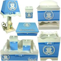 Kit Higiene bebê Mdf 8 peças Azul BB de Bol. Urso Branco