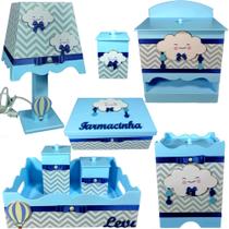 Kit Higiene bebê Mdf 8 peças Chuva Amor Azul Ch. Cinza