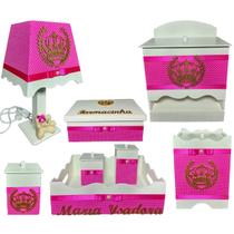Kit Higiene bebê Mdf 8 peças menina - ROSA PINK COM BOLINHA DE COROA Kit Higiene bebê Mdf 8 peças menina - ROSA PINK COM BOLINHA DE COROA