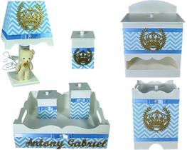 Kit Higiene bebê Mdf decorado 7 pçs - CHEVRON AZUL BB COROA Kit Higiene bebê Mdf decorado 7 pçs - CHEVRON AZUL BB COROA
