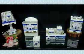 Kit Higiene bebê Mdf decorado 7 pçs - CHUVA DE AMOR CHEVRON CINZA