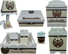 Kit Higiene bebê Mdf decorado 8 pçs - BRANCO COM PALHA DE COROA