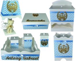 Kit Higiene bebê Mdf decorado 8 pçs - CHEVRON AZUL BB COROA