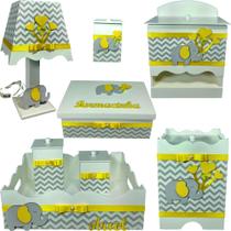 Kit Higiene bebê Mdf decorado 8 pçs - CHEVRON CINZA ELEFANTE AMARELO Kit Higiene bebê Mdf decorado 8 pçs - CHEVRON CINZA ELEFANTE AMARELO