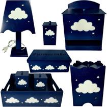 kit higiene bebe mdf decorado 8 pçs - NUVEM AZUL MARINHO