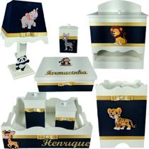 Kit Higiene bebê Mdf decorado 8 pçs - SAFARI AZUL MARINHO