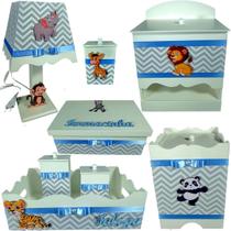 Kit Higiene bebê Mdf decorado 8 pçs - SAFARI CHEVRON CINZA AZUL