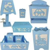 kit higiene bebe mdf decorado 8 pçs -TRANSPORTE AZUL BB - Flores para Mariae