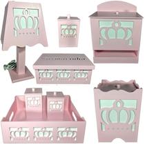 kit higiene bebe mdf decorado 8pçs - COROA ROSA BB kit higiene bebe mdf decorado 8pçs - COROA ROSA BB