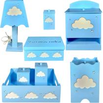 kit higiene bebe mdf decorado 8pçs - NUVEM AZUL - Flores para Mariae