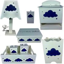kit higiene bebe mdf decorado 8pçs - NUVEM AZUL MARINHO