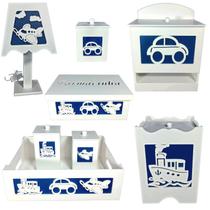 kit higiene bebe mdf decorado 8pçs - TRANSPORTE AZUL MARINHO